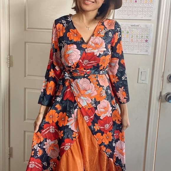 Boho Floral Print Asymmetrical Ruffle Hem Belted Maxi Dress - Picture 3 of 12